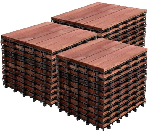 Bliss Outdoors Hardwood 6-Slat Interlocking Deck Tiles, Acacia Wooden Waterproof Patio Flooring for Balcony Indoor and Outdoor, Red, Set of 30