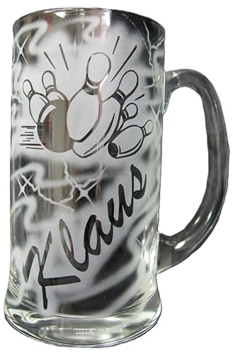 Bierkrug 0,5 l mit Gravur Kegeln Bowling Logo und Name personalisiert Glas Krug Bierglas Bierseidel Glaskrug individuell Geschenk Kegler Bowlingspieler Sportkegeln