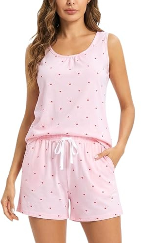 ENJOYNIGHT Women's Pyjama Sets Cotton Tank Top and Shorts Summer Nightwear | 2 Piece Pjs, Crew Neck Sleeveless Top, Drawstring Shorts With Pockets, Soft Lightweight, Casual Lounge Wear