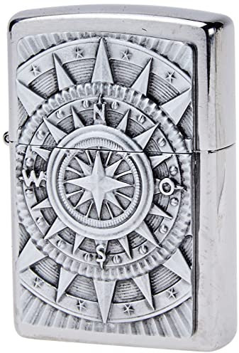 Zippo Sturmfeuerzeug - Compass, Brushed Chrome, Emblem - Nachfüllbar - Wiederverwendbar - Windfestes Design - Geschenkbox - Made in USA