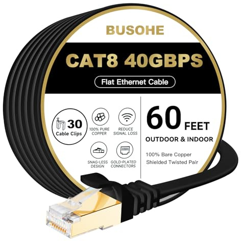 BUSOHE Cat 8 Ethernet Cable 60 FT, 40Gbps 2000MHz Cat8 High Speed Flat Internet Network Patch Cord, SFTP Shielded LAN Wire with Gold Plated RJ45 Connector, with Clips, Outdoor Indoor- 60FT Black