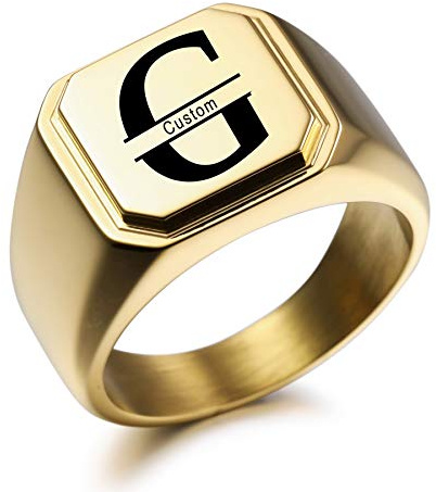 MeMeDIY Personalisierte Gravur Monogramm-Buchstaben-Signet-Ring für Männer Frauen Mädchen Jungen Edelstahl-Hochzeitsringen Benutzerdefiniert Schmuck Bündel mit Ringgrößeneinstellern