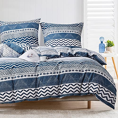 Damier Bettwäsche 220x240 Blau Weiß Geometrische Gestreift Muster Bettbezug Set 3 Teilig Weiche Microfaser Streifen Geometrisch Deckenbezug mit Reißverschluss und 2 Kissenbezüge 80 x 80 cm