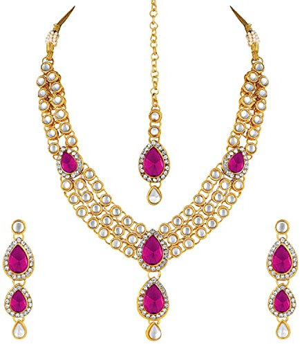Aheli Wedding Wear Indian Kundan Maang Tikka Earrings Necklace Set Bollywood Ethnic Traditional Bharatanatyam jewellery set Gift for Women (Rani Pink)
