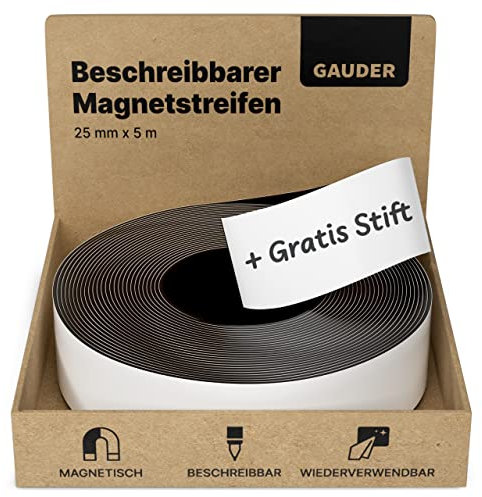 GAUDER Tiras Magnéticas Escribibles | Tiras Magnéticas para escribir | Tiras Magnéticas Escribibles Blanco (25 mm x 5 m)