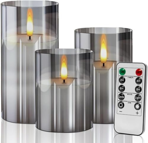 Nestling Gray Glass flameless Candles Flickering with Remote, Moving Wick Battery Operated Realistic Warm Light Candle, for Party Wedding Festival Tabletop Decoration, Set of 3