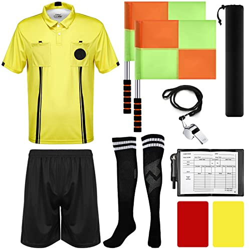 Hicarer 6 Pcs Soccer Referee Kit Football Package for Men Soccer Referee Costume Shirt Linesman Flags Whistle Cards Sport Accessory for Adult Teenager(Small)
