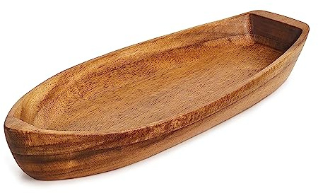 CAMLOT Lucky Boat Serving Tray, Acacia Solid Wood Interesting Shape Plate for Serving Desserts, Fruit, Snack and House Ornament,Key Tray,Functional and Storage Decorative Bowl。(M)
