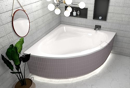 ECOLAM® symmetrische Badewanne Eckwanne Mia 120x120 cm Acryl weiß + LED Styropor Verkleidung Ablaufgarnitur Ab- und Überlauf Automatik Füße Silikon Komplett-Set