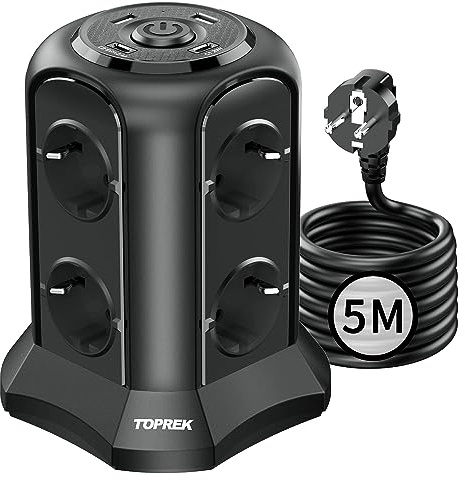 TOPREK Steckdosenturm USB C, Mehrfachsteckdose Überspannungsschutz PD 20W | 20W USB C Schnellladen, 3680W/16A Steckdosenleiste, Steckdose mit Schalter für Büro Küche Tisch, Schwarz 2M
