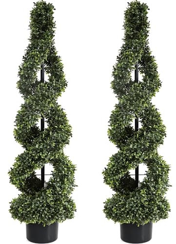Künstlicher Buchsbaum-Formschnitt-Baum, 117 cm, Doppelspirale, 10,2 cm, künstliche Pflanze, Dekoration im Kunststofftopf, grün, für drinnen oder draußen, 2 Stück