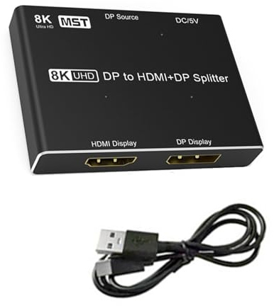 MOOKEENONE DisplayPort to DisplayPort/HDMI Splitter, 8K 30Hz 1 in 2 Out Directional DP Splitter Dual Monitor for DP and HD Multi Screen Displays