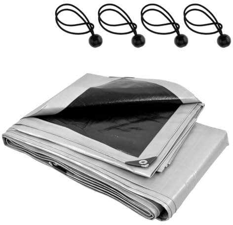 Heavy-Duty Waterproof Silver Tarpaulin 3 x 5 m - 260 GSM PE Tarp with 4 Ball Bungees - UV Resistant, Mould-Proof, Tear-Resistant Cover for Roofing, Camping, Garden, Construction - Reinforced Edges