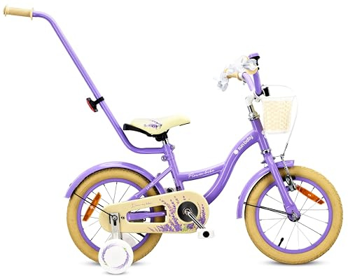 Flower Bike Flickcykel för en flicka 12 14 16 tum, Barncykel 2-6 år, Barncykel med stödhjul, pushbar, justerbar sadel och styre (Lavendel, 14 Tum)