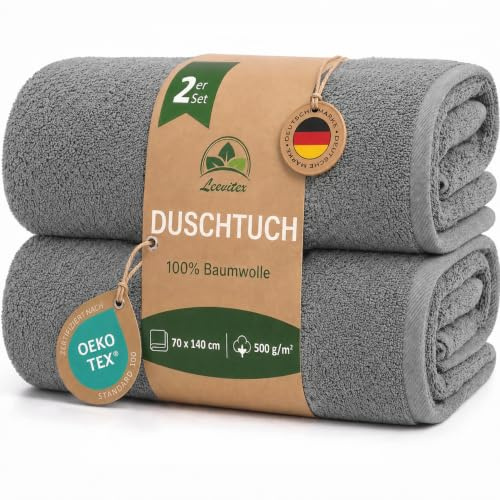 leevitex Duschtücher 2er Set 70 x 140 cm aus 100% Baumwolle, Frottee, 500 g/m², weich und saugstark, Grau