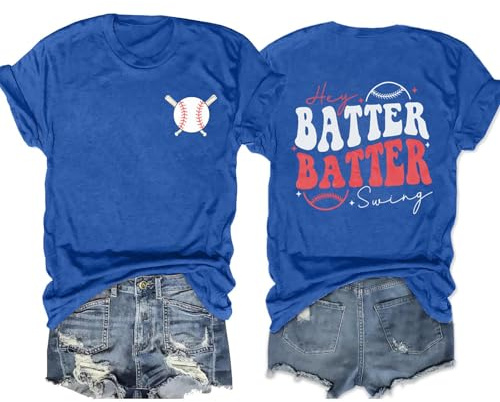 Baseball Game Day Shirt Women Funny Baseball Mom Hey Batter Batter Swing T-Shirt Tee Sports Casual Short Sleeve Tops-Blue S