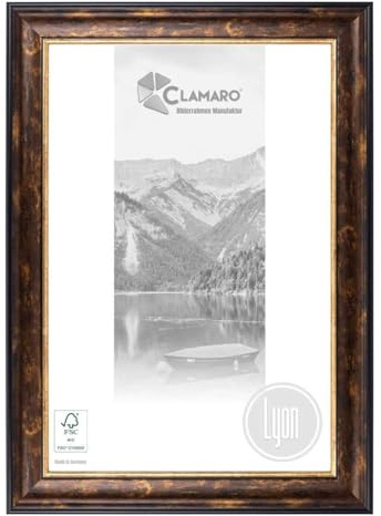 CLAMARO Lyon Antique Picture Frame 18x24 cm, Brown Black Gold, Solid Wood | Spruce Wood, Acrylic Glazing Sheet, HDF Backing Board, Metal Hook, Portrait and Landscape, 56 mm Wide Moulding, For Photos