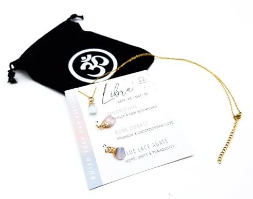 AB India Crafts Set regalo con segno zodiacale 3 ciondoli con catena placcata oro 18 K, in sacchetto portagioielli | Protezione Energia Felicità, Gemma, Pietra di luna Quarzo Pietra di luna Quarzo