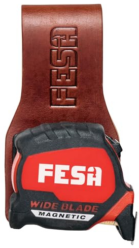 'FESA Leather Tape Measure Holder - Top Grain Leather Measuring Tape Holder or Drill Holder for Tool Belt w/Steel Clip & Reinforced Heavy Duty Rivets - Fits Belts up to 3'' - Handcrafted'