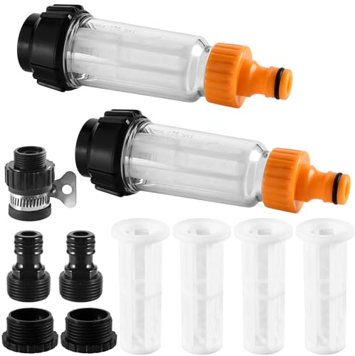 Wasserfilter Gartenschlauch, 2 Stück 3/4 Zoll Wasser Vorfilter Wasserfilter Set mit 4 Filtereinsatz & 5 Schnelladapter für Hochdruckreiniger Wohnmobil Gartenpumpe