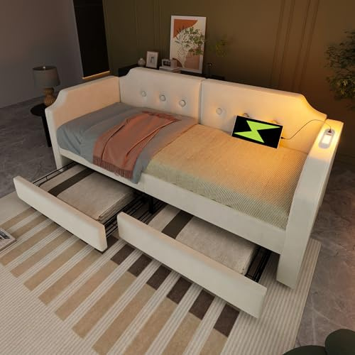 Kayan Polsterbett Sofabett 90x200 cm mit USB-Type-C Leselicht, Schlafsofa Tagesbett mit 2 Stauraum Schubladen, Kinderbett Jugendbett Bettgestell mit Lattenrost aus Holz, Ohne Matratze (Beige)