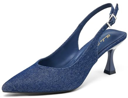 Zhabtuc kvinnors kattunge häl slingback låga pumpar 7,6 cm stilett spetsig stängd tå eleganta dressy brud bröllopsfest skor, denim, 39.5 EU