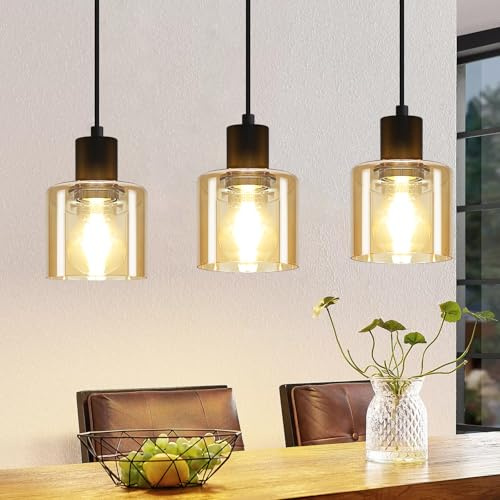 ZMH Pendelleuchte Esstisch Hängelampe Vintage Schwarz Glas 3 Flammig | Hängend E27 Hängeleuchte Metall Esszimmerlampe Retro Industrial Pendellampe Wohnzimmer Hotel Büro ohne Leuchtmittel