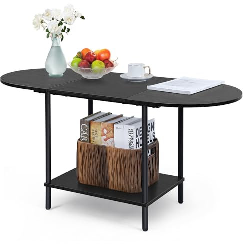 smusei Ovaler Couchtisch, 2-stufiger Mitteltisch mit Ablagefach für das Wohnzimmer, schwarzer Couchtisch aus Holz mit Metallrahmen für Hause