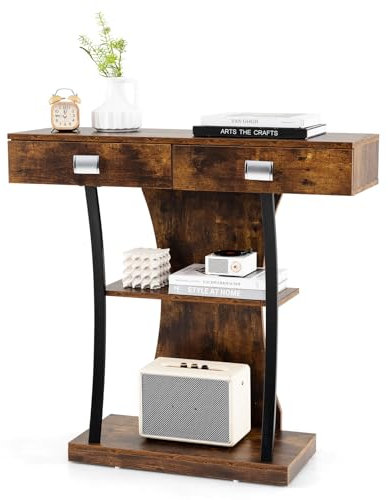 COSTWAY Table Console 2 Tiroirs, Console d'Entrée en Forme de T, Étagère à 2 Niveaux, 2 Kits Anti-Retournement, Table Console Entrée Industrielle pour Salon