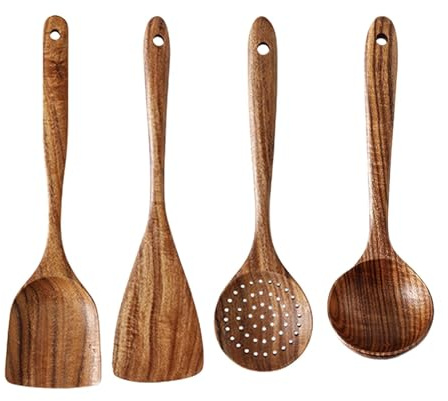 Juego de 4 utensilios de madera natural | Cuchara de madera | Utensilios de cocina | Juego de utensilios de cocina – Cuchara grande para sopa, espátula antiadherente con mango largo
