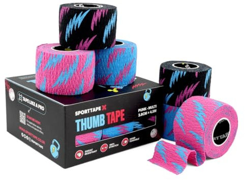 SPORTTAPE Bande pour pouce – 6 rouleaux Mixte | Tape d’haltérophilie, CrossFit et dynamophilie | Adhésif anti-transpiration, se déchire facilement, protège les doigts et améliore la prise