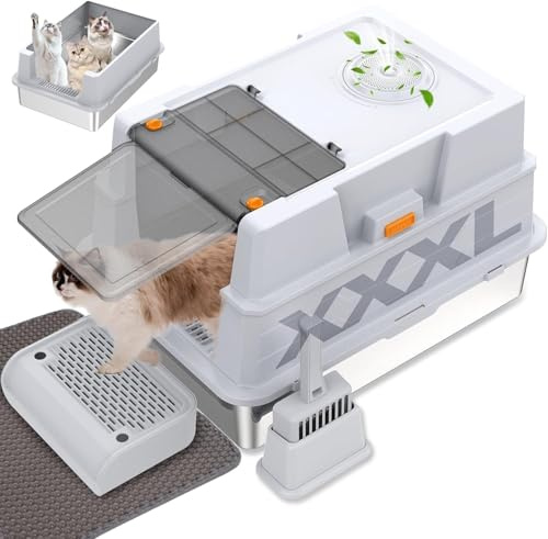 GOYJOY Katzenklo Edelstahl mit Deckel,Katzenklo Groß Katzentoilette XXXL Katzenklo Geschlossen mit Schaufel, Pedal & Matte, für große Katzen/mehrere Katzen