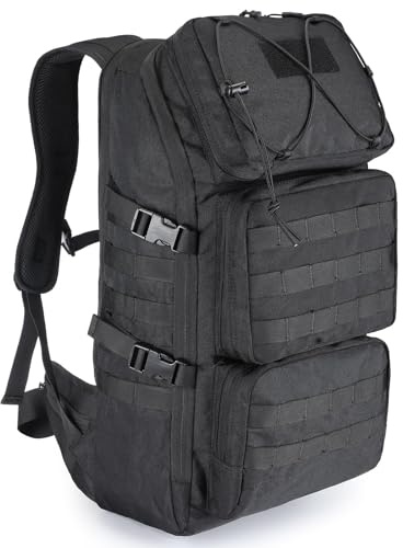 VINBAGGE Mochila militar 45 L grande para hombre, mochila de senderismo para exteriores, impermeable, mochila Molle Assault Survival, trekking, campus, senderismo, caza, viajes, Negro