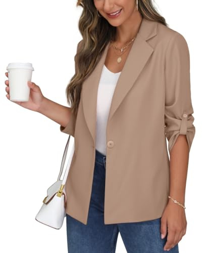 PrinStory Blazer Mujer Oficina Blazer Largo Mangas Ajustables Solapa Blazer Deportivo Elegante Chaqueta, caqui, 48