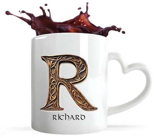 Planetee Tasse Coeur Richard Lettre Viking | Mug avec anse en forme de Coeur | Idée Cadeau Prénom Motard Jeux de Rôle Vidéo Anniversaire Papa Collègue Départ Retraite Noël