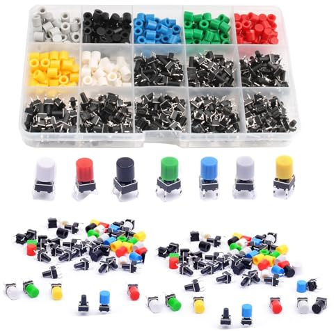 HAXIHA 375 Stücke 6x6mm Taktilen Druckschalter Miniatur Mikro Taste,Taktiler Drucktastenschalterr,Miniature/Mini (4 pin) mit Knopf Kappen von 7 Farbe