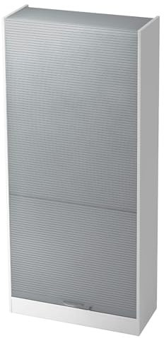 bümö Rollladenschrank in Weiß/Silber mit Bogengriff - Vertikal Jalousieschrank 90 cm breit, Aktenschrank abschließbar, Büroschrank für Ordner & Co.