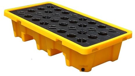 Yellow Spill Containment Pallet - Stackable Industrial Drum & Paint Bucket Storage Tray with Drain, Detachable Modular Platform for Garage & Warehouse (2-Pack)