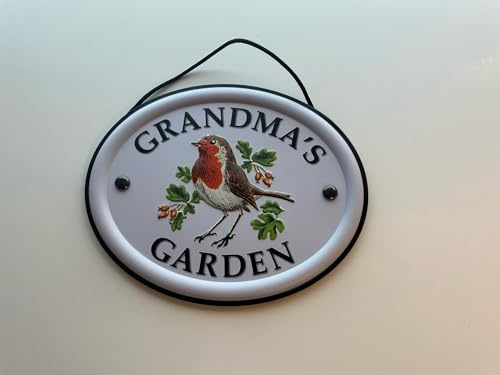 Personalised Embossed Metal Garden Sign 12x15cm – British Bird Design – Outdoor Decorative Hanging Garden Plaque – Weatherproof Metal Sign for Garden Walls Fences or Sheds (Grandma)