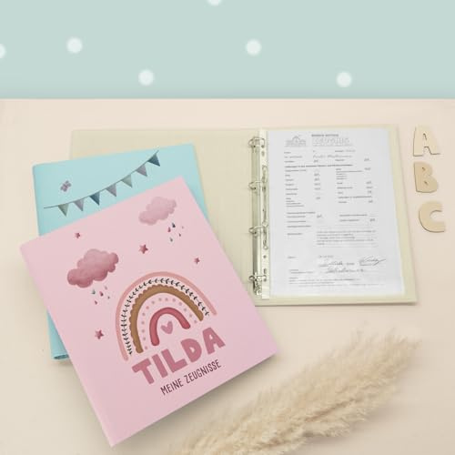 Zeugnismappe A4 personalisiert, Ringordner mit Namen, Leinen-Ordner für Schulzeugnisse, Geschenk Einschulung Mädchen & Jungen, Schulordner (Regenbogen Rosa A, Rosa, Standard)