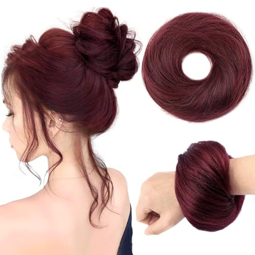 PORSMEER Wein Rot 30g 100% Echthaar Haarteil Mit Gummiband,Natürliche Unordentlich dutt extensions echthaar Haarteil Haargummi Hochsteckfrisuren unordentlicher Haarverlängerung für Damen Mädchen 99J#