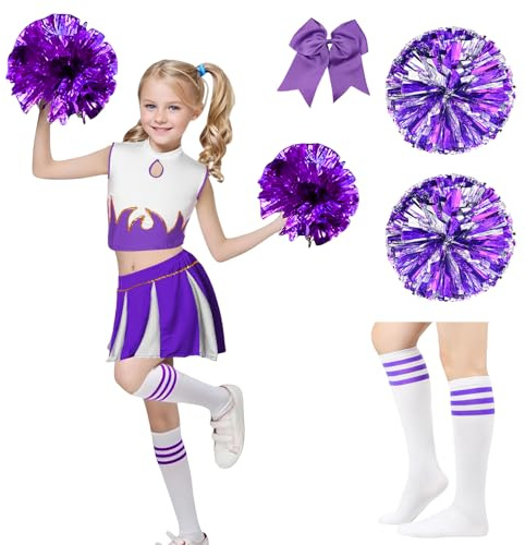 Celvibe Cheerleader Kostüm Mädchen, Cheerleadering Outfit Uniform mit Pompoms, Cheer Outfit für Kinder Karneval Halloween,Fasching,Mottoparty (Lila, 140)
