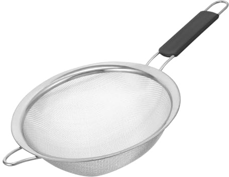 GRIRIW Colador de Acero Inoxidable Fácil de Limpiar con Mango de Plástico y Anti Deformación y Orificio para Colgar, Filtro de Malla Resistente para Cocina y Hornear