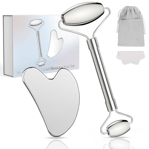 Alyvisun Gua Sha Set, Gua Sha Board & Face Roller Stainless Steel, Gua Sha Tool Skin Depuffing, Cold Uplift Facial Massage Beauty Device with Carrying Bag & Cleaning Cloth Gifts for Women