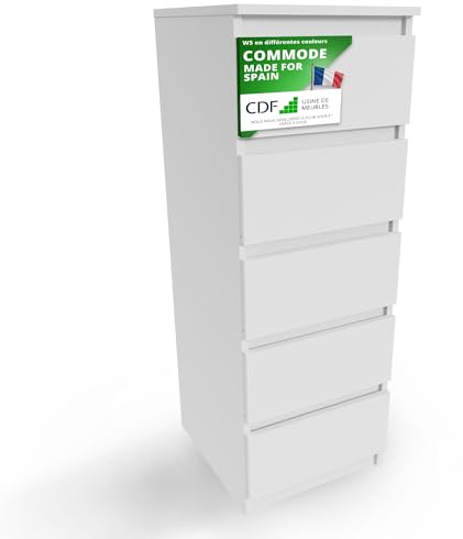 CDF Kommode Weiß Hoch Schubladenschrank mit 5 Schubladen Schmal Komode 40B x 45T x 111H Wohnzimmer Schlafzimmer Flur Schrank Sideboard Highboard viel Stauraum Sideboard Malm Kommode Modern