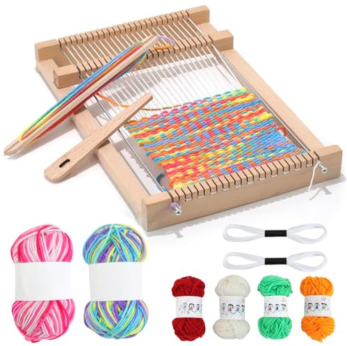 Qcdou Children's Weaving Frame, DIY Wooden Loom Set, with Coloured Wool, Weaving Stick, Comb, Wooden Weaving Needle, 19 x 29 cm, Square Loom, Knitting Set for Children, Beginners (B)