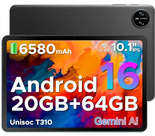 DOOGEE Tab A9 Tablet 10 Zoll Android 16, 20GB RAM+64GB ROM(TF 2TB) Gaming Tablet, Gemini AI, 6580mAh, Unisoc T310, Dual Speaker, 5G WiFi, 8MP Kamera, Bluetooth 5.0, Face ID, 3.5mm Kopfhöreranschluss