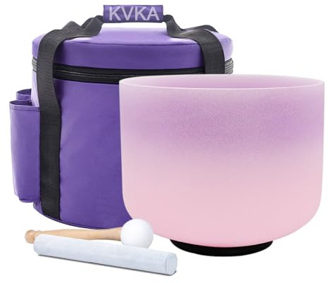 KVKA Cuenco tibetano de 20 cm, 432 Hz, 8 pulgadas, diseño de chakras, para yoga, meditación, sanación de sonido, con bolsa de transporte, color rosa púrpura