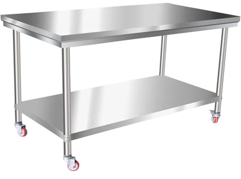 Heavy-Duty Stainless Steel Prep Table with Lockable Wheels – Perfect for Restaurants and Hotels, Commercial Kitchen Workstation, Durable & Mobile Industrial Equipment