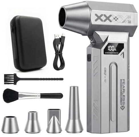 VELOZ Compressed Air Duster, 120000RPM Cordless Electric Air Duster with LED Light, 4-Speed Rechargeable Air Blower with 4 Nozzles & 2 Brushes for Keyboard, PC, Car, Home and Tight-Space Cleaning